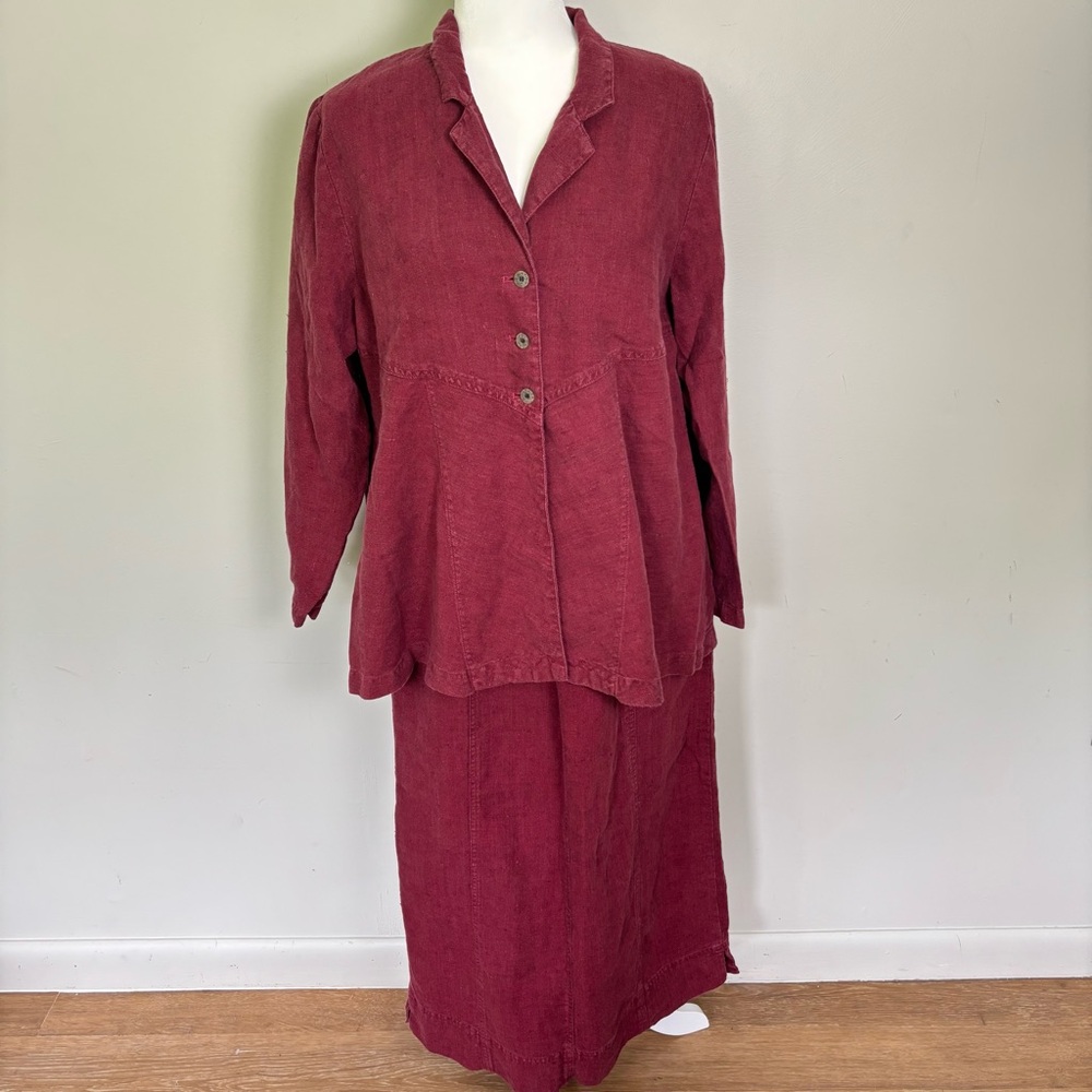VTG  J.Jill 100% Linen Midi Skirt/Jacket/Shacket 2 pc Set-Burgundy-Medium Petite